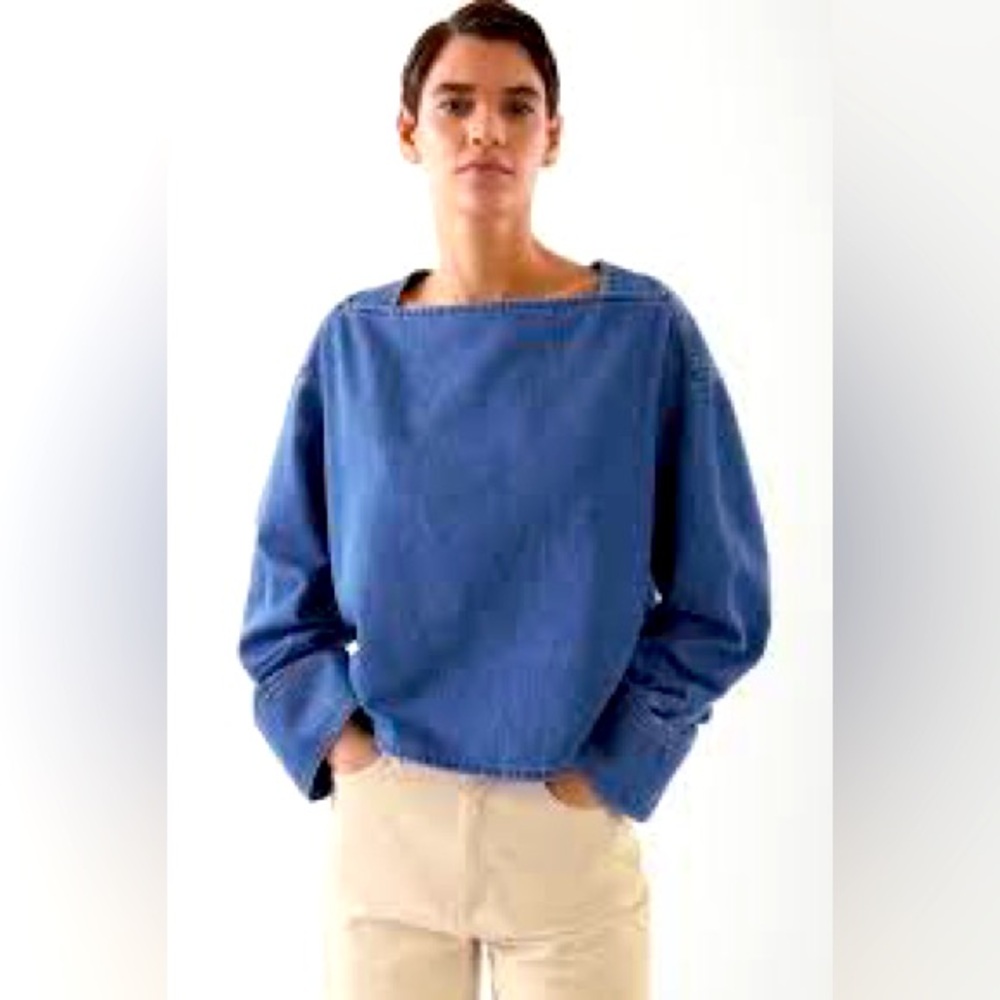 COS Womens Blue Denim Square Boat Neck Cropped Boxy Top sweatshirt Size 8